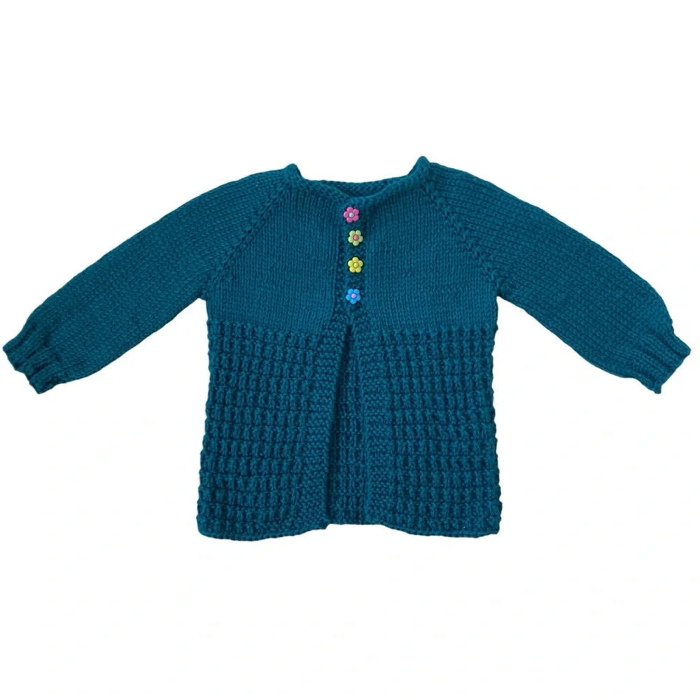 HANDMADE WOOL Cardigan Merino Blend Sweater Top Hand Knit Cozy Stitch Floral